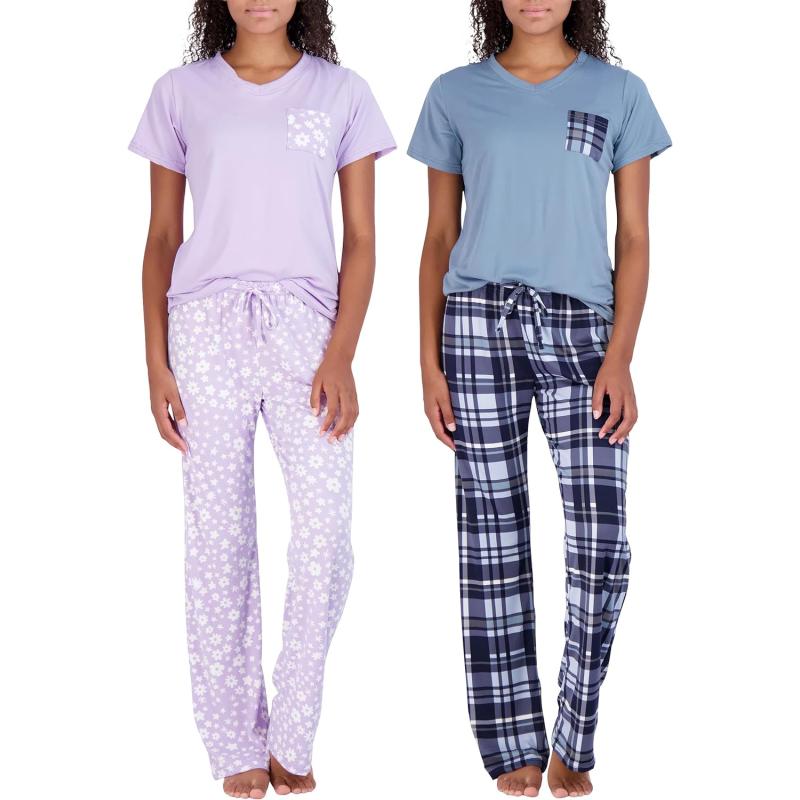Real Essentials 2 Pack: Women's Pajama Set Super-Soft Short & Long Sleeve  Top With Pants (Available In Plus Size)